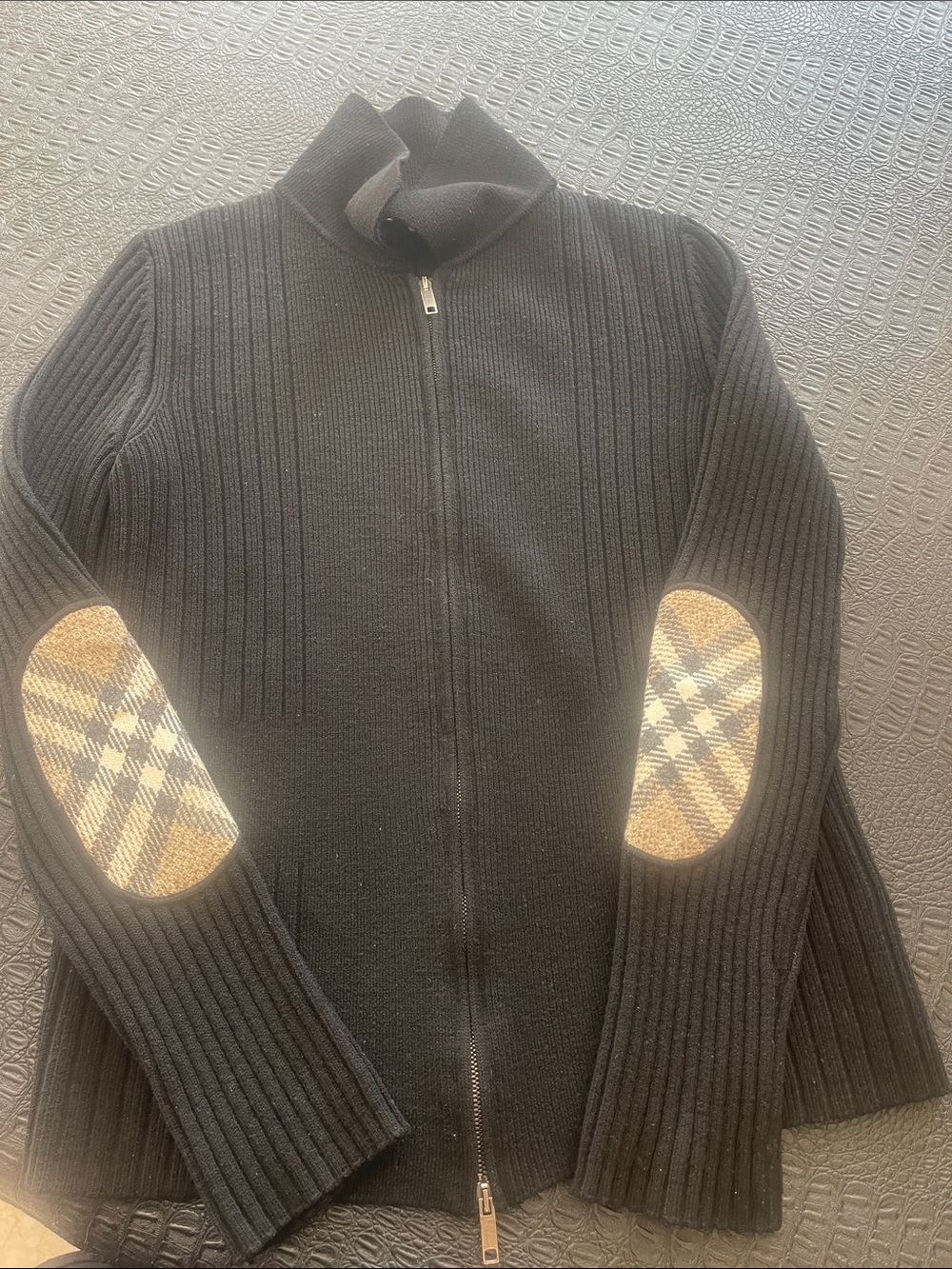 Burberry Black Ribbed Wool Zip-Up Knit Sweater Logo Patches on elbows size L